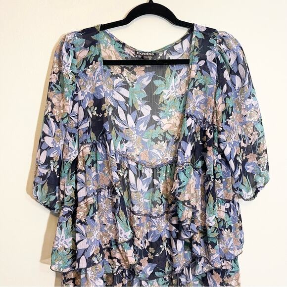Express Women's Blue Floral V-Neck 3/4 Sleeve Tiered Cardigan Cover-Up Top Large - Picture 3 of 13